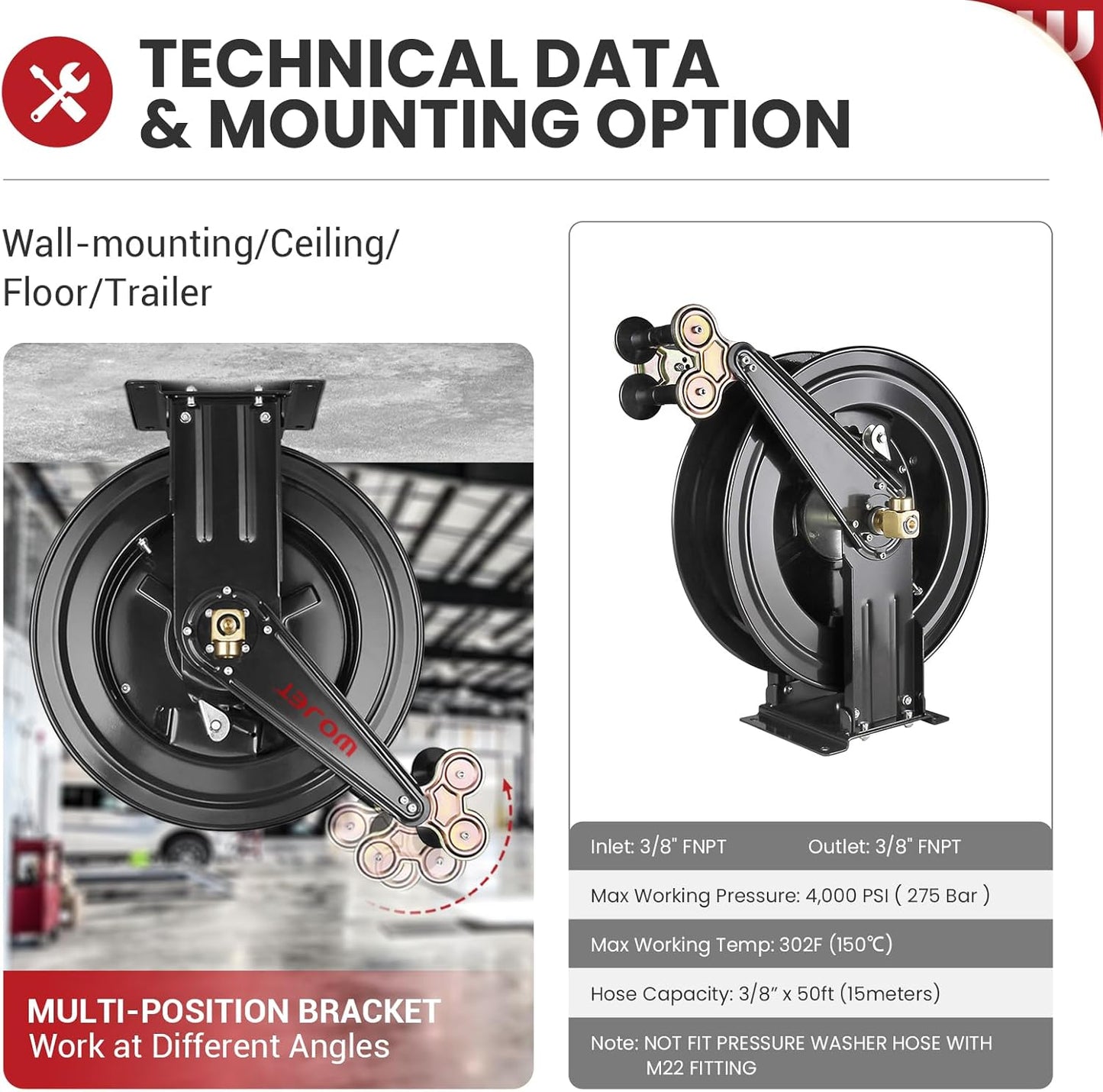 Pressure Washer Hose Reel 50 ft x 3/8 in, Retractable Hose Reel for Water/Air/Oil, Heavy Duty Hose Reel in Steel, Power Washer Reel with Dual Arm, Auto Rewind, Max 4000PSI (Without Hose)