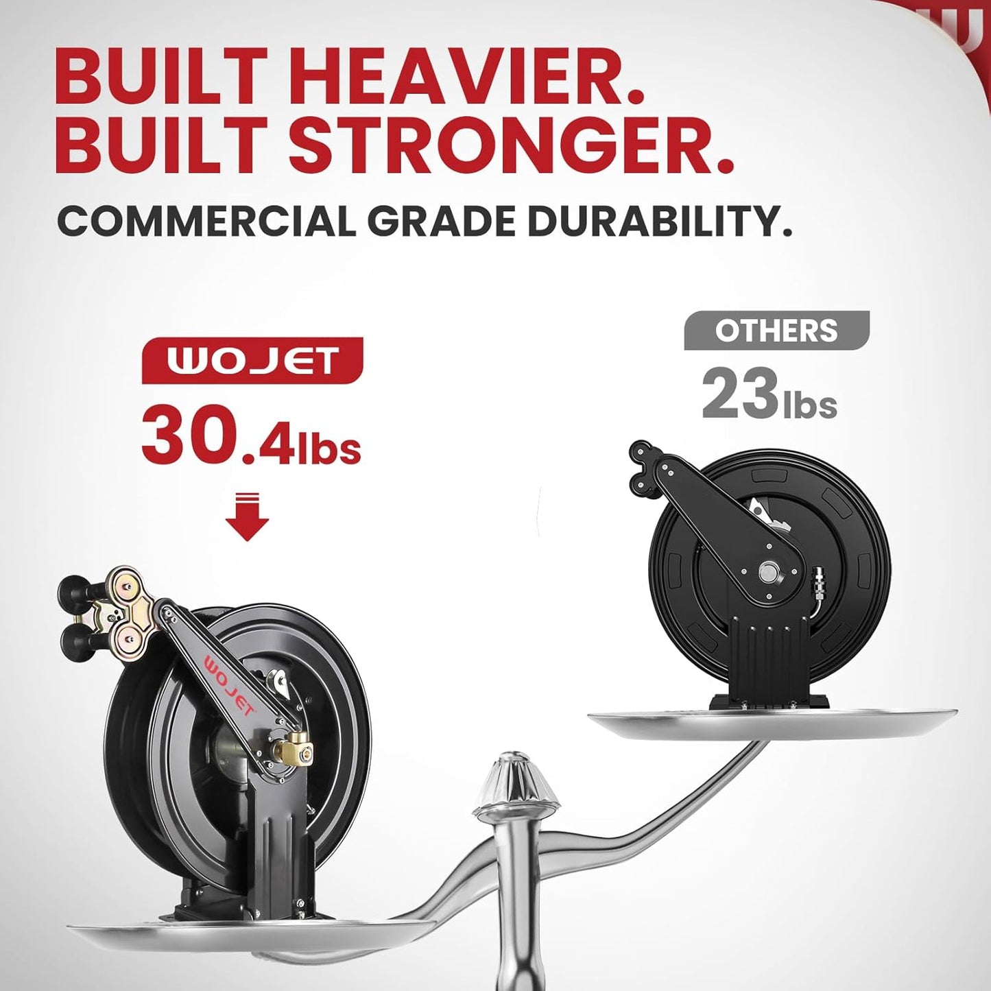 Pressure Washer Hose Reel 50 ft x 3/8 in, Retractable Hose Reel for Water/Air/Oil, Heavy Duty Hose Reel in Steel, Power Washer Reel with Dual Arm, Auto Rewind, Max 4000PSI (Without Hose)