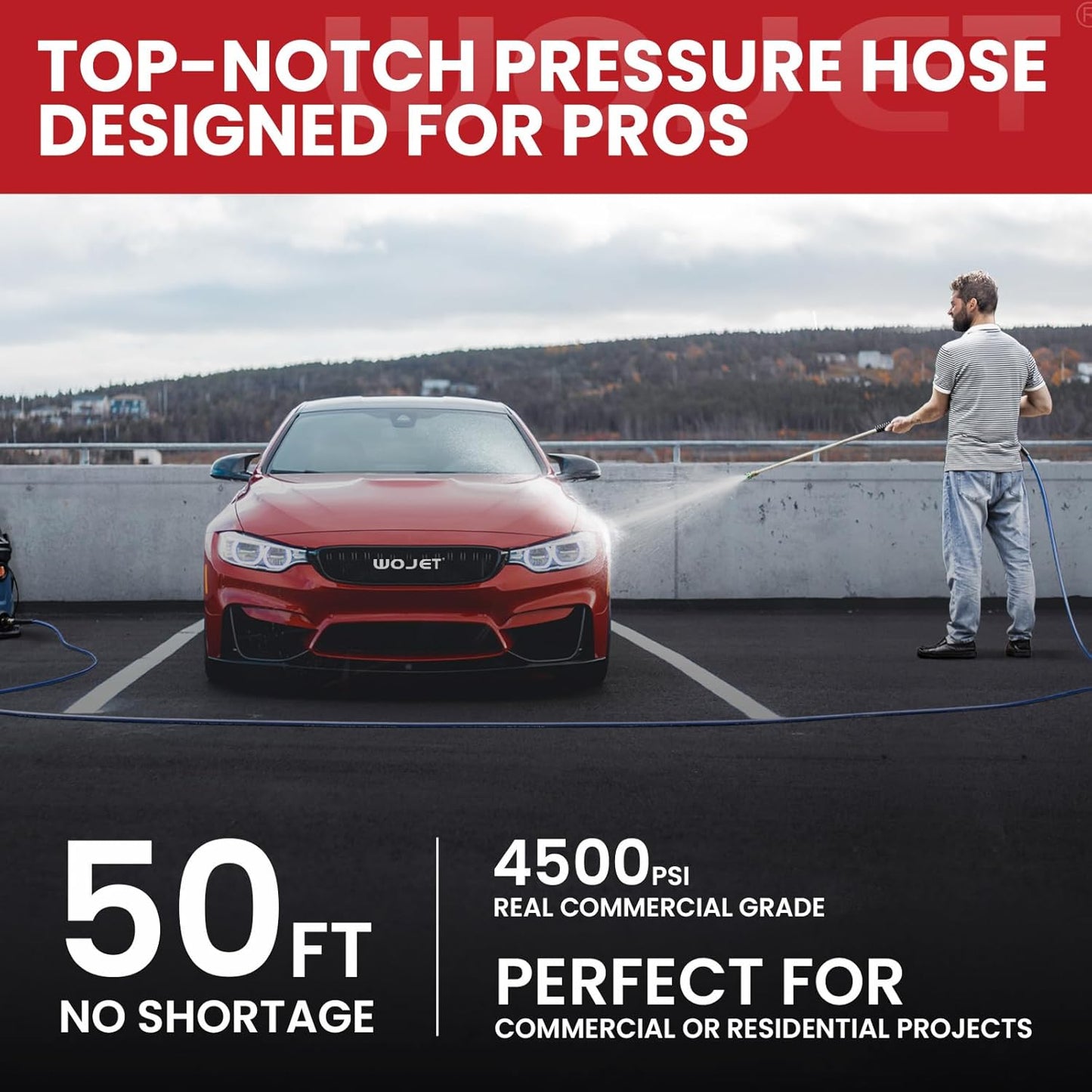 WOJET Pressure Washer Hose 50ft 3/8",4500PSI Wear Resistant Replacement Hose for Gas&Electric Power Washer,Steel Braided Rubber Hose with 3/8" Quick Connect Swivel&M22 Hose Adapter for Cold&Hot Water