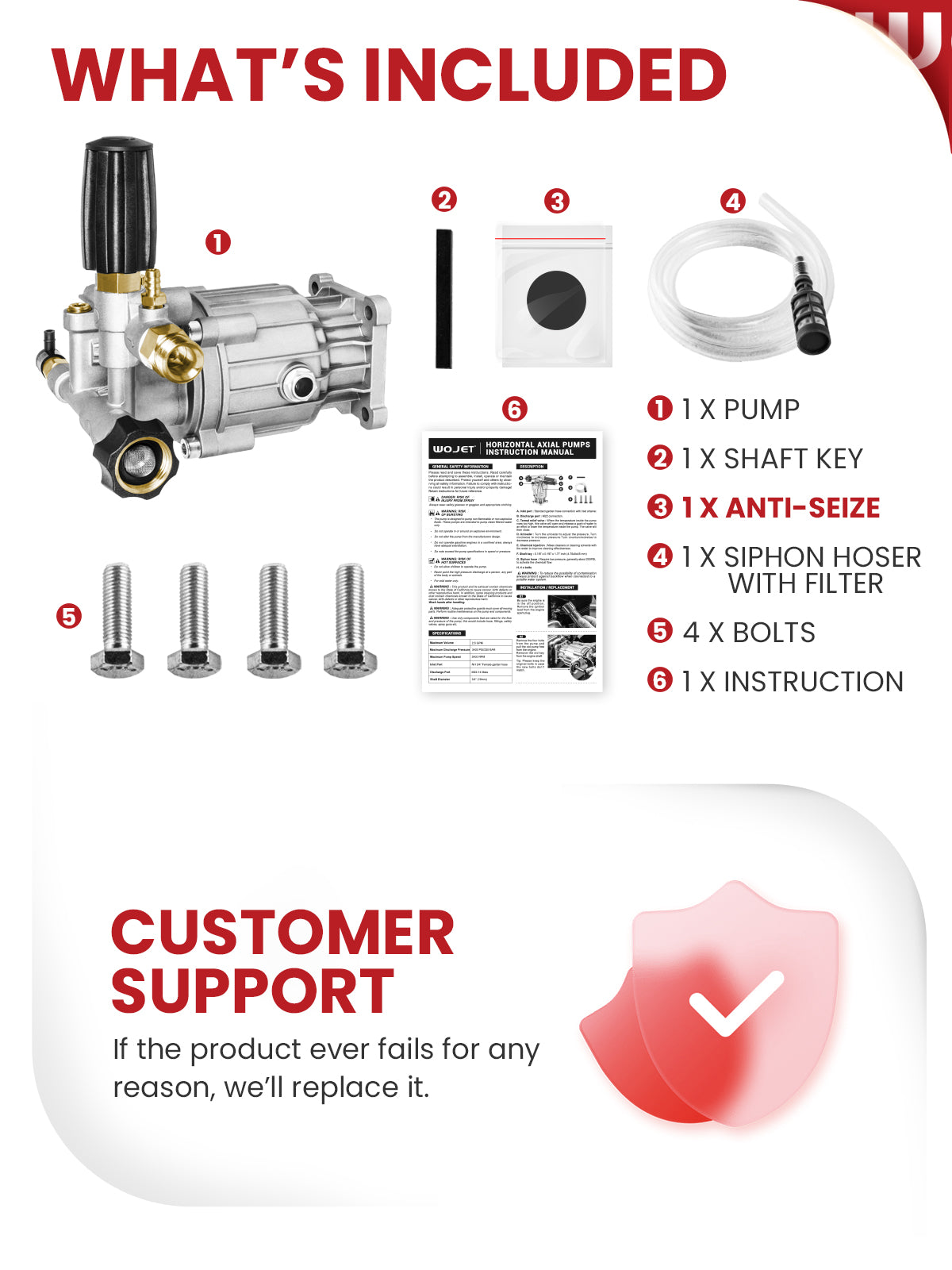 WOJET Pressure Washer Pump, 3/4" Shaft, 3400PSI 2.5GPM, Horizontal Power Washer Pump With Anti-seize, Self-Priming, Replacement Pressure Washer Pump Kit for Dewalt, Simpson, Craftsman, Honda, Generac