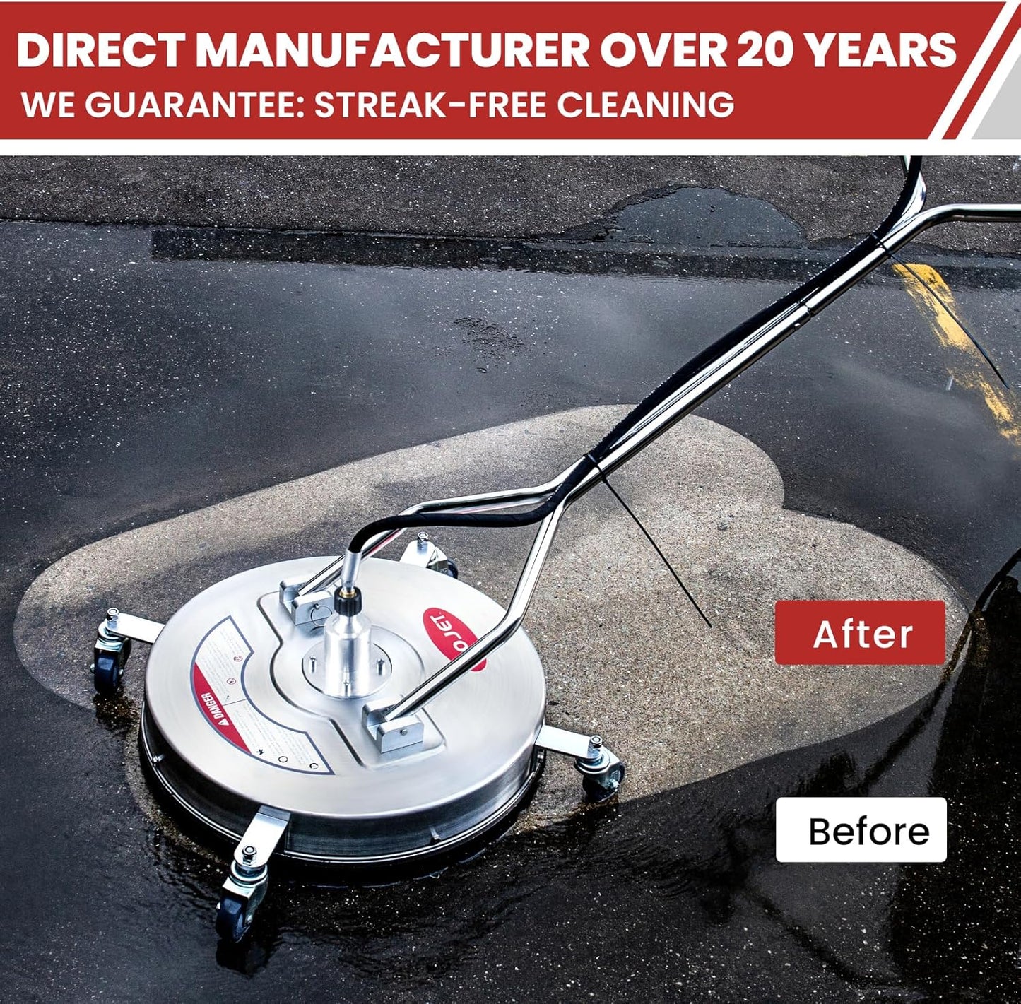 WOJET 20" Pressure Washer Surface Cleaner with 4 Wheels&Dual Handles, 4500PSI Stainless Steel Surface Cleaner Attachment for Pressure Washer for Concrete Driveway Sidewalk Deck Patio, Commercial Grade
