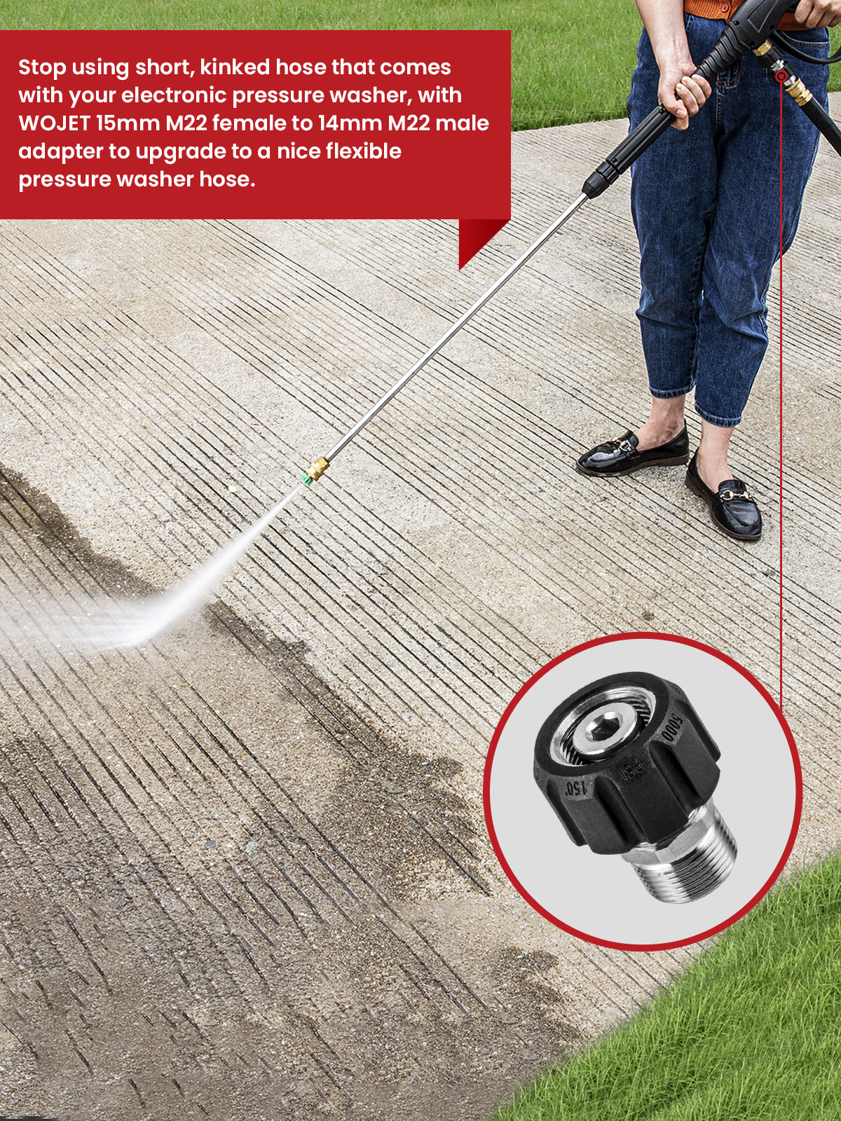 WOJET Pressure Washer Adapter M22-15mm Female Swivel Thread to M22-14mm M 5000PSI Stainless Steel Pressure Washer Hose Adapter, Connect to Power Washer or Accessories with 15mm Male, Convert 15 to 14