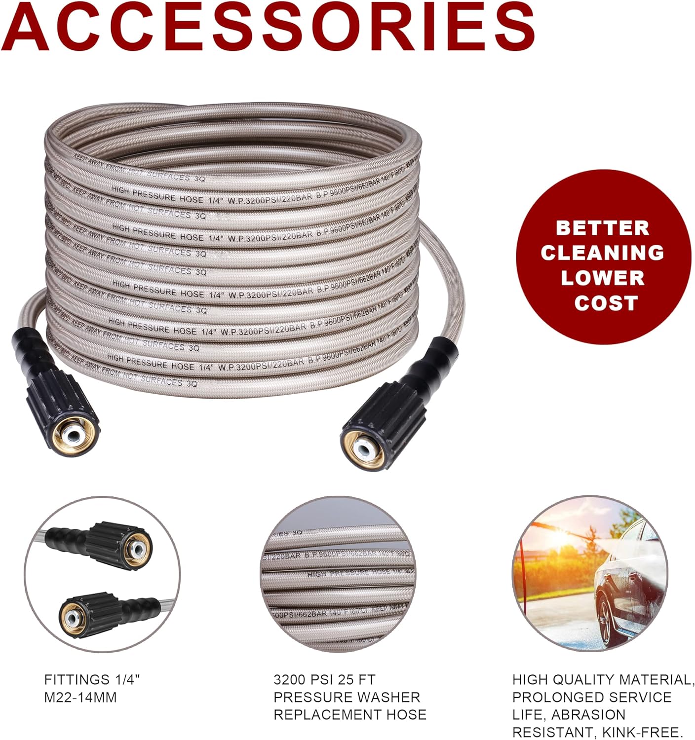 WOJET 3200 PSI 25 FT Pressure Washer Hose 1/4" M22-14mm Brass Thread Universal Replacement for Most Pressure Washers PA7261