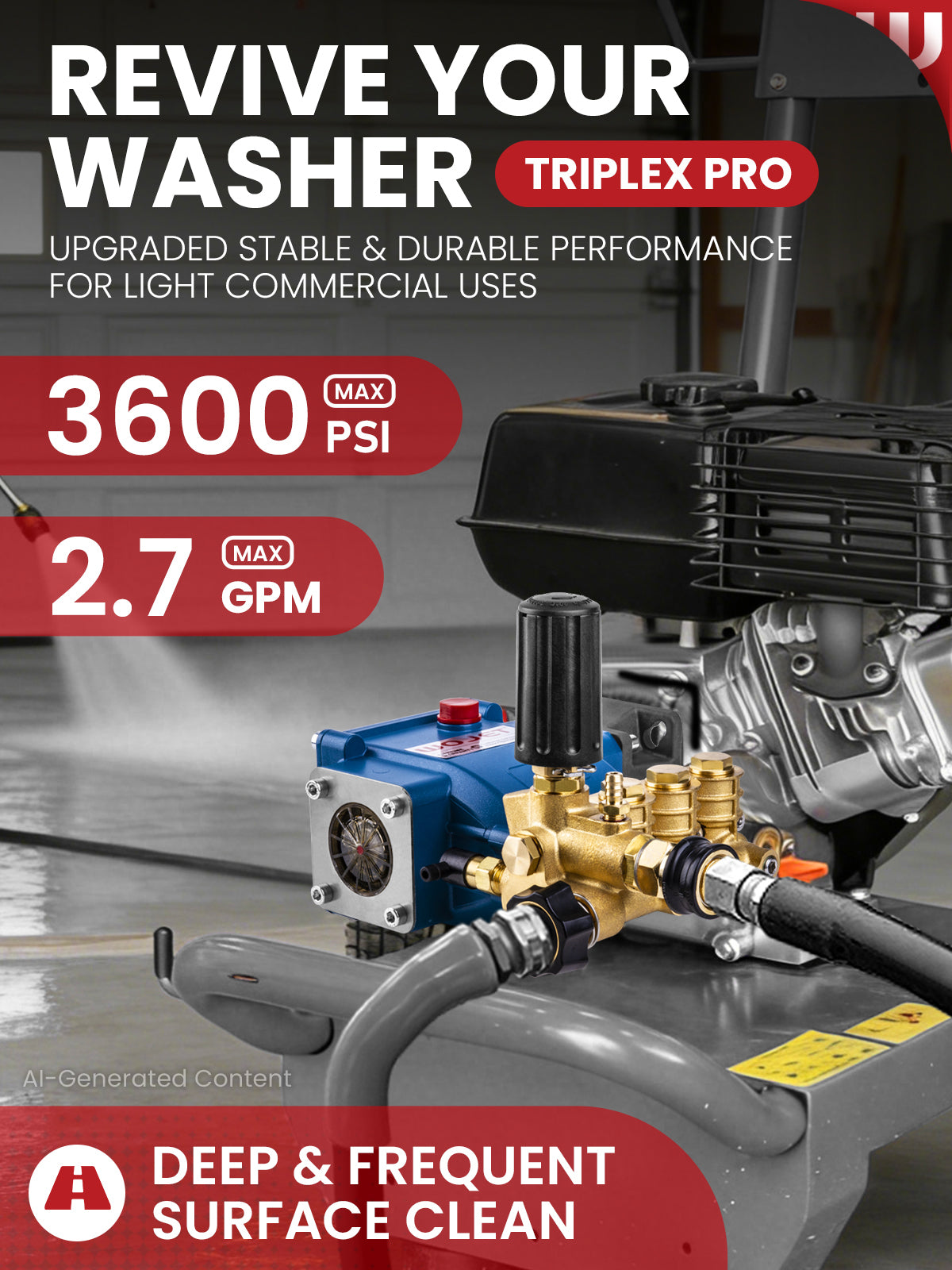 Triplex Plunger Pressure Washer Pump, 3600PSI 2.7GPM, 3/4" Shaft, Self-Priming, Horizontal Replacement Pump Kit for Honda GX160 GX190 GX200, Dewalt 3000PSI, Simpson 90037, Generac 5-7HP Engines