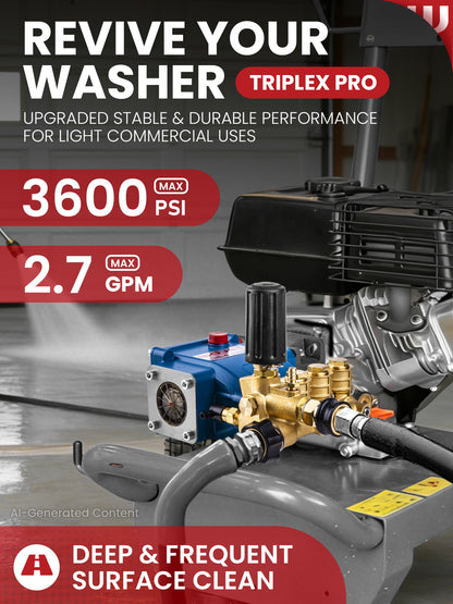 Triplex Plunger Pressure Washer Pump, 3600PSI 2.7GPM, 3/4" Shaft, Self-Priming, Horizontal Replacement Pump Kit for Honda GX160 GX190 GX200, Dewalt 3000PSI, Simpson 90037, Generac 5-7HP Engines