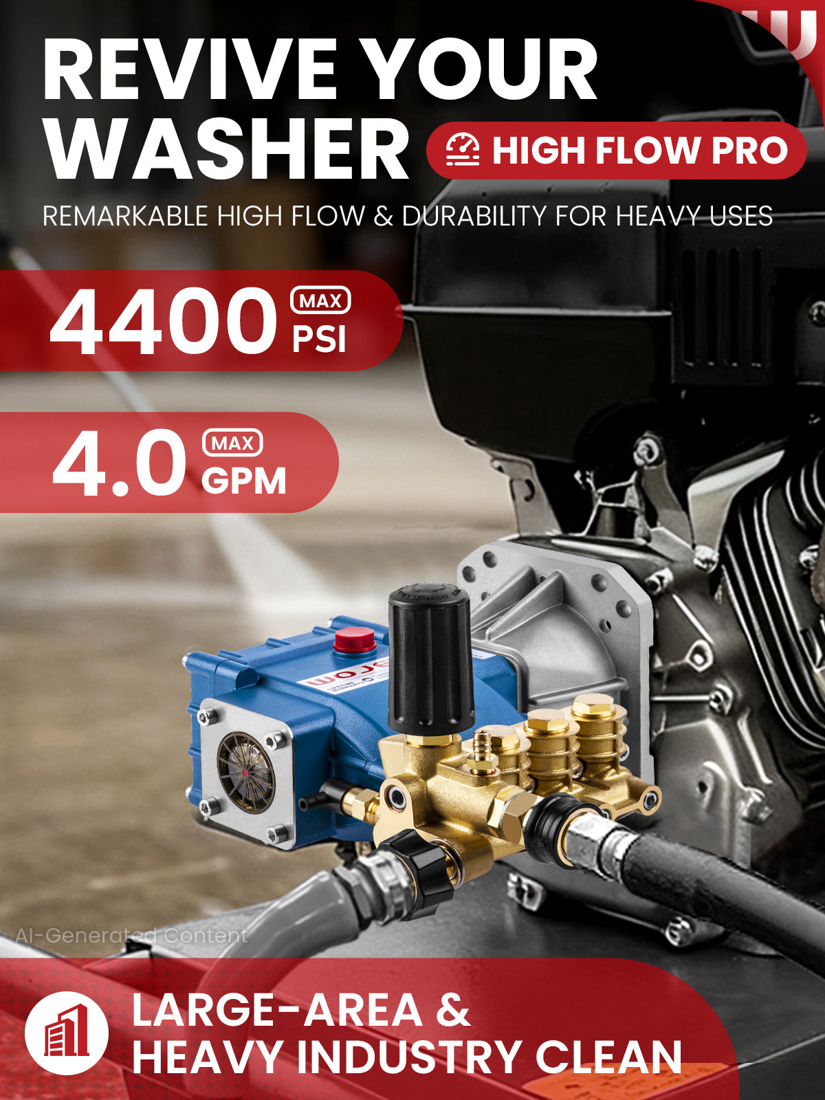 WOJET Triplex Plunger Pressure Washer Pump, 4400PSI 4.0GPM, 1" Shaft, Self-Priming, Horizontal Replacement Pump Kit for Honda GX270 GX340, Dewalt 4000/4200PSI, Simpson PS60869, Generac 9-13HP Engines