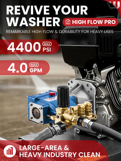 WOJET Triplex Plunger Pressure Washer Pump, 4400PSI 4.0GPM, 1" Shaft, Self-Priming, Horizontal Replacement Pump Kit for Honda GX270 GX340, Dewalt 4000/4200PSI, Simpson PS60869, Generac 9-13HP Engines