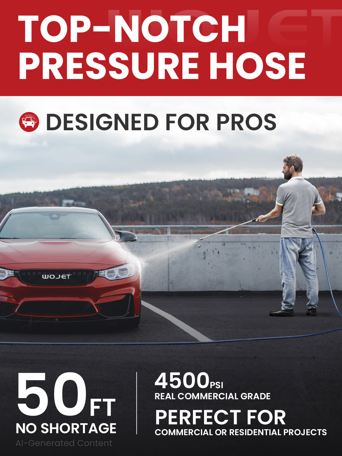 WOJET Pressure Washer Hose 50ft 3/8",4500PSI Wear Resistant Replacement Hose for Gas&Electric Power Washer,Steel Braided Rubber Hose with 3/8" Quick Connect Swivel&M22 Hose Adapter for Cold&Hot Water