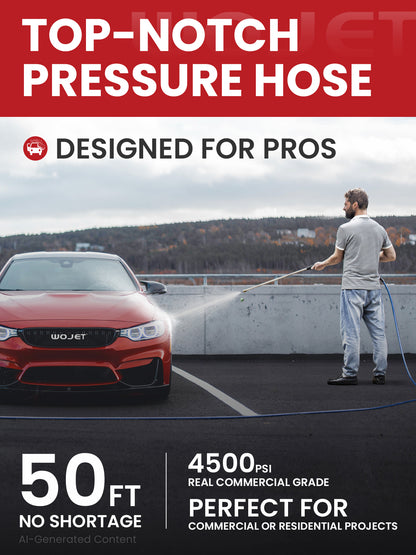 WOJET Pressure Washer Hose 50ft 3/8",4500PSI Wear Resistant Replacement Hose for Gas&Electric Power Washer,Steel Braided Rubber Hose with 3/8" Quick Connect Swivel&M22 Hose Adapter for Cold&Hot Water