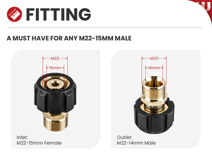 WOJET Pressure Washer Adapter, Metric M22-15mm Female Thread to M22-14mm Male Fitting, 5000 PSI Pressure Washer Couplers. M22-15mm FNPT to M22-14mm MNPT