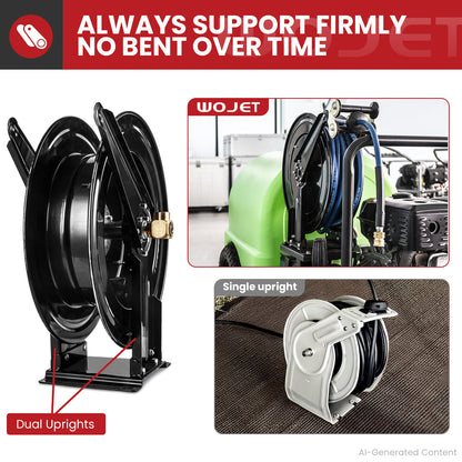 Pressure Washer Hose Reel 50 ft x 3/8 in, Retractable Hose Reel for Water/Air/Oil, Heavy Duty Hose Reel in Steel, Power Washer Reel with Dual Arm, Auto Rewind, Max 4000PSI (Without Hose)