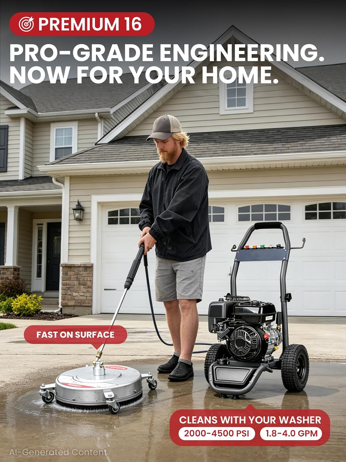 16" Stainless Steel Pressure Washer Surface Cleaner, Professional Grade Power Washer Surface Cleaner Attachment for Concrete Driveway, Patio, Deck, Sidewalk, Fits Gas & Electric Washers 4500 PSI