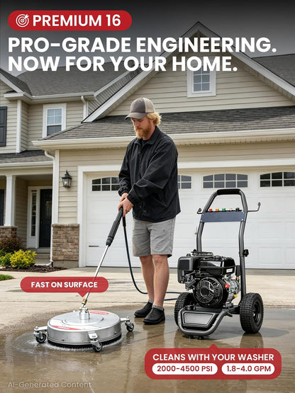 16" Stainless Steel Pressure Washer Surface Cleaner, Professional Grade Power Washer Surface Cleaner Attachment for Concrete Driveway, Patio, Deck, Sidewalk, Fits Gas & Electric Washers 4500 PSI