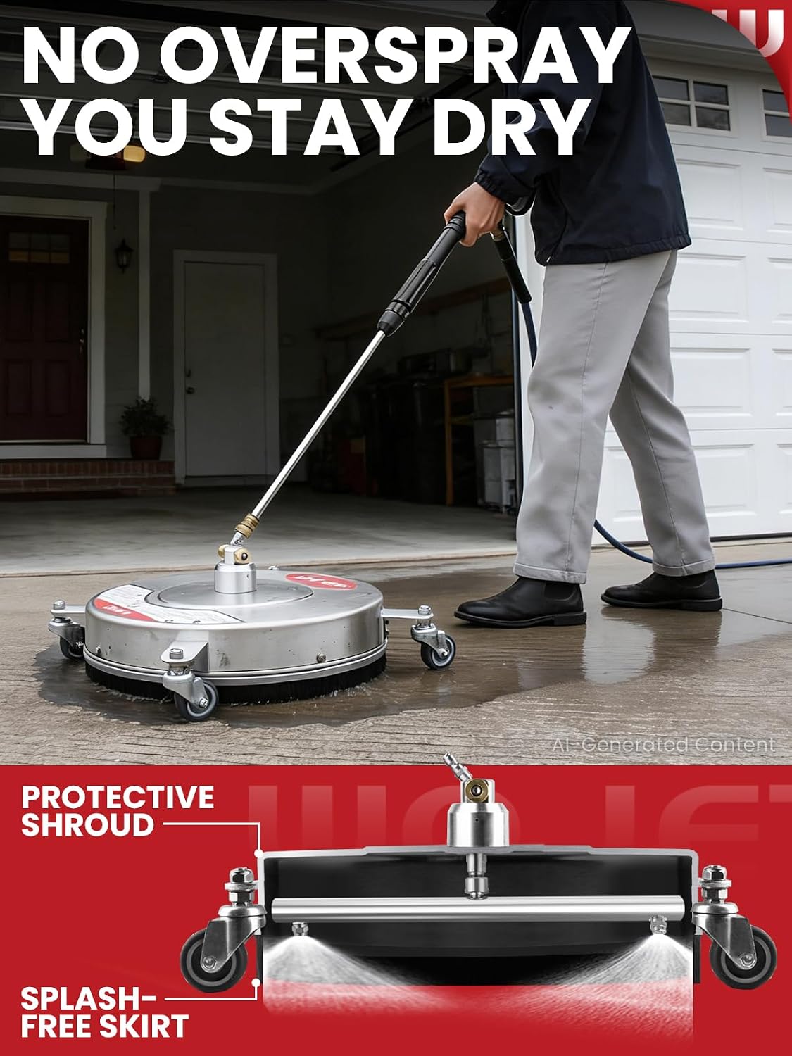 16" Stainless Steel Pressure Washer Surface Cleaner, Professional Grade Power Washer Surface Cleaner Attachment for Concrete Driveway, Patio, Deck, Sidewalk, Fits Gas & Electric Washers 4500 PSI