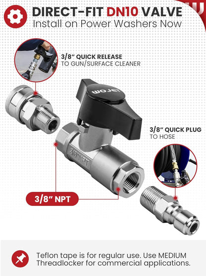 Ball Valve Pressure Washer, Industrial-Grade DN10 Shutoff Ball Valve, Quick Switching Between Surface Cleaner/Gun, 3/8" Quick-Connect, Stainless Steel, 5000PSI for Pressure Washing, Soft Washing