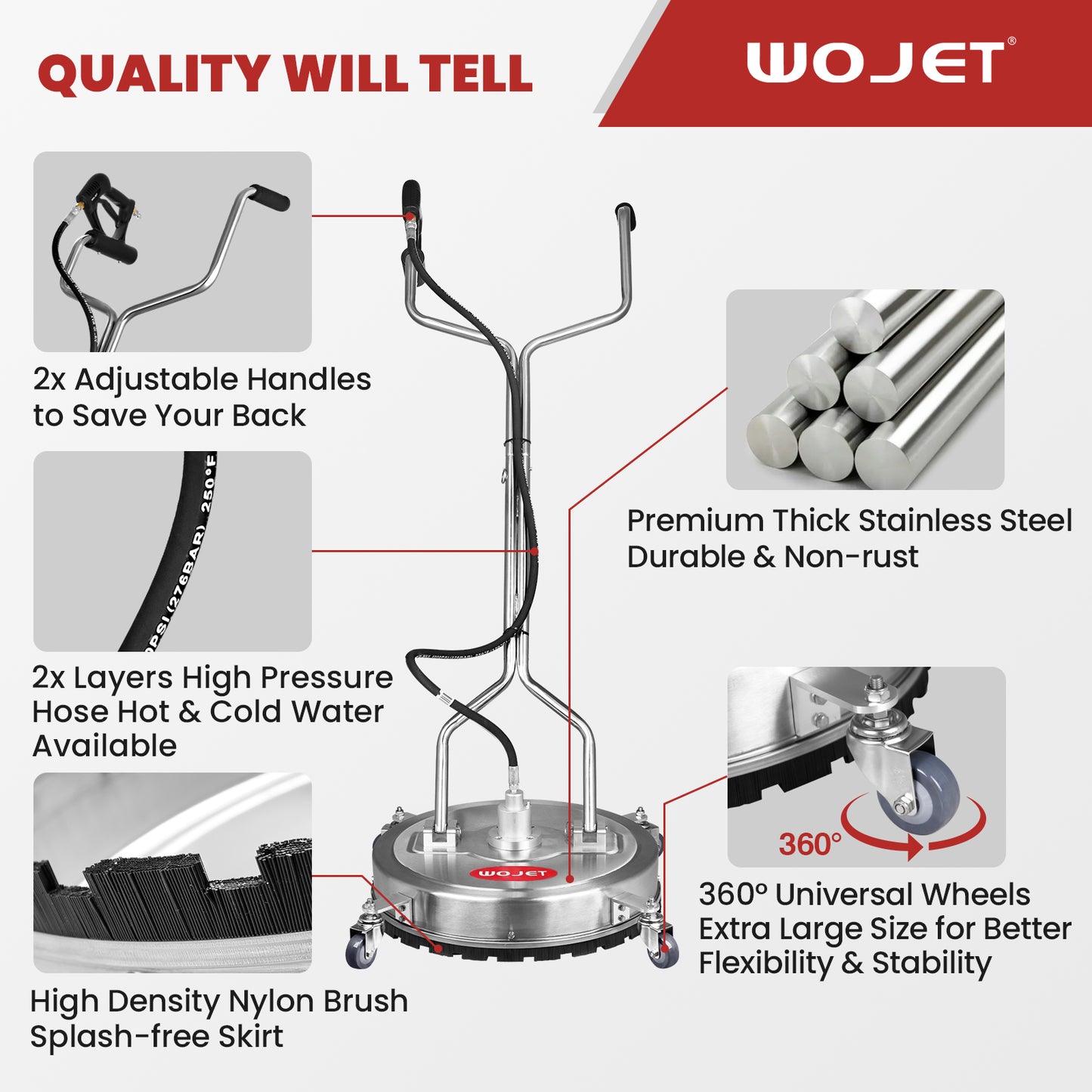 WOJET 22" Pressure Washer Surface Cleaner, 4500 Psi Stainless Steel Power Washer Attachment for Driveway Cleaning PA7604