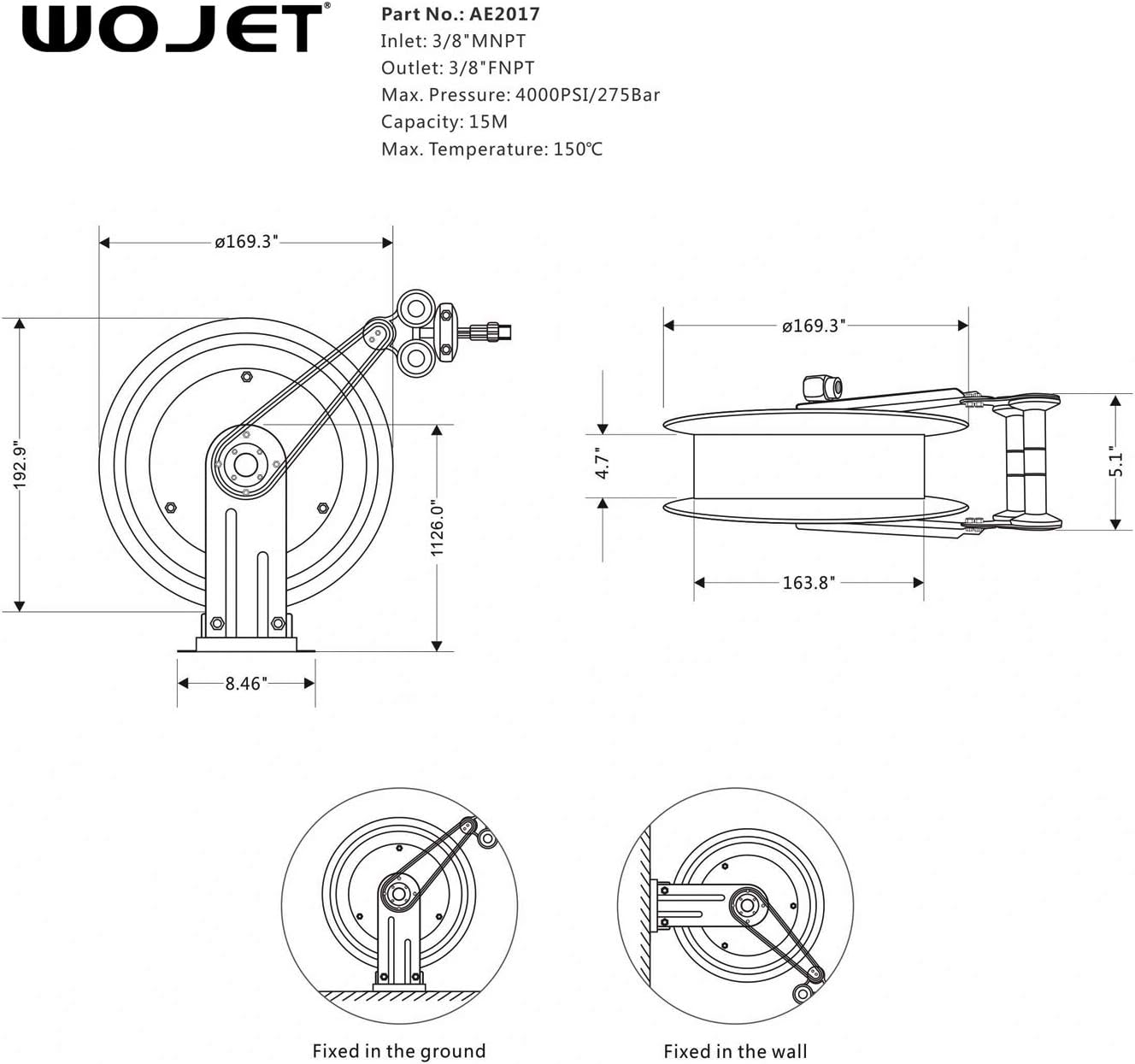 WOJET High Pressure Hose Reel for Air/oil/water 4000 PSI 50ft 3/8" Capacity Pressure washer hose reel(hose not included)