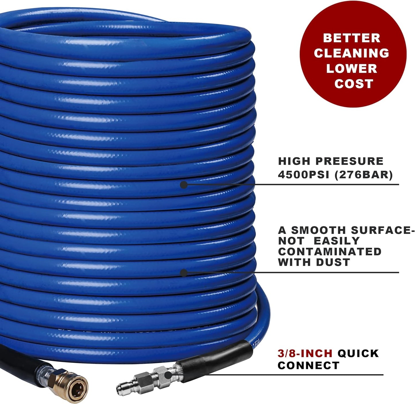 WOJET 4500 PSI 50 FT Pressure Washer Hose 3/8" Quick Connect Universal Replacement Rubber Hose for Most Pressure Washers