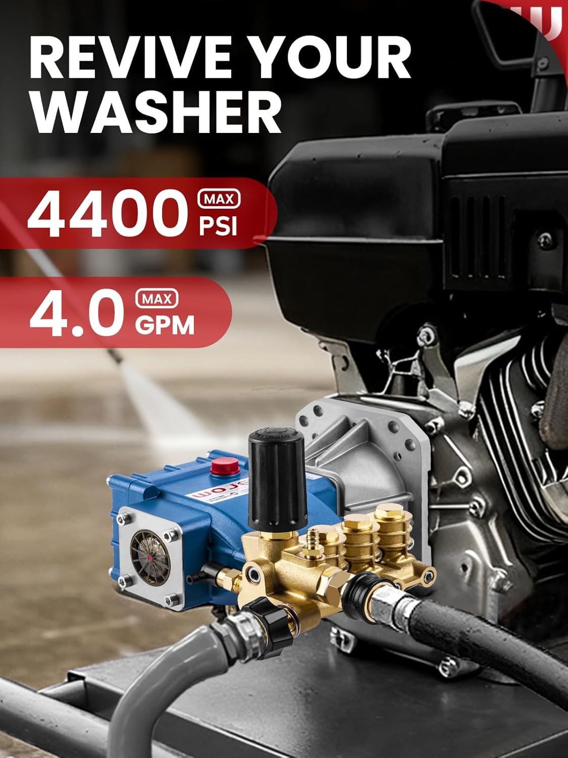 WOJET Triplex Plunger Pressure Washer Pump, 4400PSI 4.0GPM, 1" Shaft, Self-Priming, Horizontal Replacement Pump Kit for Honda GX270 GX340, Dewalt 4000/4200PSI, Simpson PS60869, Generac 9-13HP Engines