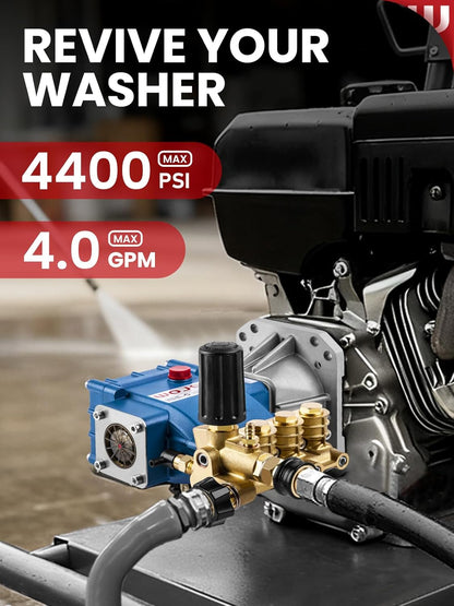 WOJET Triplex Plunger Pressure Washer Pump, 4400PSI 4.0GPM, 1" Shaft, Self-Priming, Horizontal Replacement Pump Kit for Honda GX270 GX340, Dewalt 4000/4200PSI, Simpson PS60869, Generac 9-13HP Engines